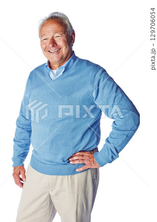 Happy, content and portrait of a senior man with a smile isolated on a white background in studio. Happiness, confident and retired elderly model with a pose in retirement on a studio background 129706054