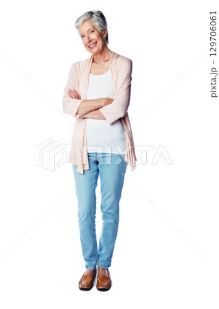 Smile, confidence and portrait of senior woman with happiness isolated on white background. Arms crossed and wrinkles, happy woman with joy and pride in retirement fashion in studio with mockup. Smile, confidence and portrait of senior woman with happiness isolated on white background. Arms crossed and wrinkles, happy woman with joy and pride in retirement fashion in studio with mockup. 129706061