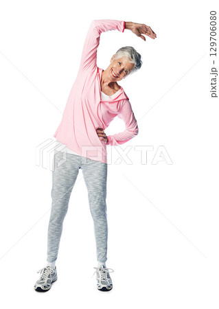 Senior woman, portrait or stretching on isolated white background in exercise, workout and training for body wellness. Smile, happy or retirement elderly in warm up for fitness pain relief on mock up Senior woman, portrait or stretching on isolated white background in exercise, workout and training for body wellness. Smile, happy or retirement elderly in warm up for fitness pain relief on mock up 129706080