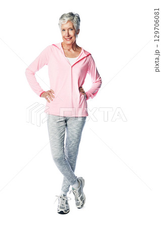 Exercise, fitness and old woman portrait for health and wellness in studio with a healthy lifestyle. Body of happy senior female isolated on a white background for fashion, energy and to lose weight Exercise, fitness and old woman portrait for health and wellness in studio with a healthy lifestyle. Body of happy senior female isolated on a white background for fashion, energy and to lose weight 129706081