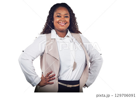 Business, ceo and portrait of black woman with smile, pride and leadership isolated on white background. Marketing, advertising and woman with empowerment in African corporate industry with mockup. Business, ceo and portrait of black woman with smile, pride and leadership isolated on white background. Marketing, advertising and woman with empowerment in African corporate industry with mockup. 129706091