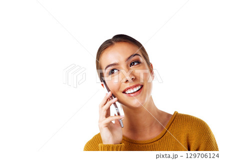 Woman, happy and studio with phone, communication and conversation on mobile network by white background. Model, phone call and isolated for phone technology, networking and talk with digital tech Woman, happy and studio with phone, communication and conversation on mobile network by white background. Model, phone call and isolated for phone technology, networking and talk with digital tech 129706124