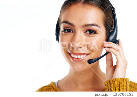 Telemarketing, product placement and portrait of woman isolated with smile on white background. Call center agency, crm and girl in headset at advisory startup for customer service in studio mock up. Telemarketing, product placement and portrait of woman isolated with smile on white background. Call center agency, crm and girl in headset at advisory startup for customer service in studio mock up. 129706155
