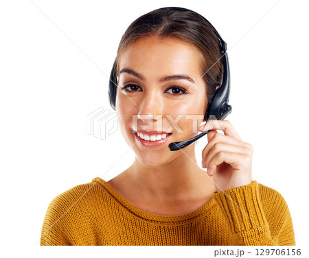 Call center, contact us and face of woman isolated with smile and communication on white background. Telemarketing, crm and girl in portrait at help desk for customer service phone call in studio. Call center, contact us and face of woman isolated with smile and communication on white background. Telemarketing, crm and girl in portrait at help desk for customer service phone call in studio. 129706156