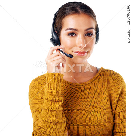 Call center, smile and portrait of woman isolated with consulting and communication on white background. Telemarketing, crm and girl in headset at help desk for customer service phone call in studio. 129706160