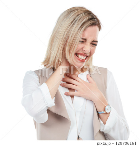 Neck pain, injury and woman in a studio with a medical emergency, muscle tension or discomfort. Stress, sore and female model with hurt or uncomfortable muscles or spine isolated by white background. 129706161