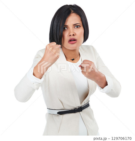 Angry, upset and portrait of a woman bullying on an isolated white background in a studio. Anger, conflict and violent person with fists for violence, warning and a fight on a studio background 129706170
