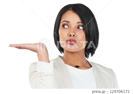 Advertising, mockup and black woman on a white background with hand for deal, discount and sign. Display, promotion and isolated headshot of girl for presenting news, showing and product placement Advertising, mockup and black woman on a white background with hand for deal, discount and sign. Display, promotion and isolated headshot of girl for presenting news, showing and product placement 129706172