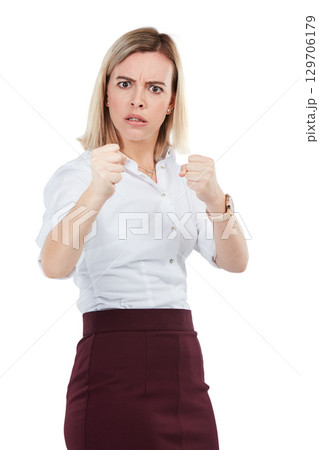 Portrait, fight and woman with anger, fist and person isolated on white studio background. Young female employee, lady and gesture for fighting, argue and angry with attitude, warning and threatening 129706179