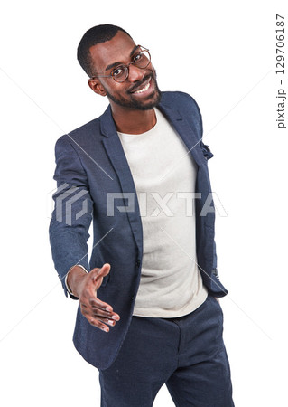 Businessman, portrait or handshake on isolated white background in trust deal, welcome or hello. Smile, happy or creative designer in shaking hands gesture for thank you, partnership or collaboration Businessman, portrait or handshake on isolated white background in trust deal, welcome or hello. Smile, happy or creative designer in shaking hands gesture for thank you, partnership or collaboration 129706187