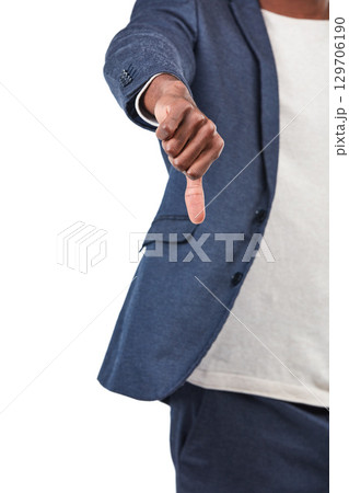 Black man, hands and thumbs down for fail, disagree or incorrect against a white studio background. Hand of isolated African American man showing thumb down gesture for failure on a white background Black man, hands and thumbs down for fail, disagree or incorrect against a white studio background. Hand of isolated African American man showing thumb down gesture for failure on a white background 129706190