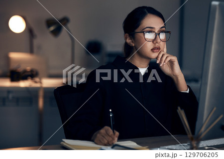 Woman, night office and writing at computer for seo planning, research or agenda in dark startup. Female working overtime on desktop technology, online notes and network data for internet analytics 129706205