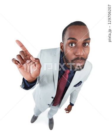 High angle, portrait or pointing businessman on isolated white background, marketing space or advertising mockup. Thinking, curious and corporate worker face in creative pov with showing hand gesture 129706207