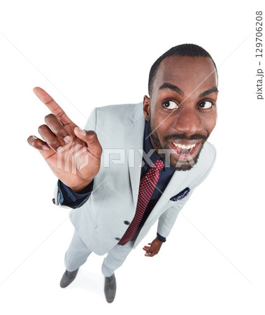 High angle, businessman or excited pointing finger on isolated white background, marketing space or advertising mockup. Smile, happy and curious corporate worker, creative pov or showing hand gesture 129706208