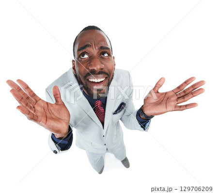 High angle, perspective or confused businessman on isolated white background, marketing space or advertising mockup. Thinking, curious and doubt for corporate worker with question emoji face or hands 129706209