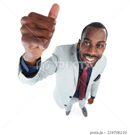 High angle, portrait or businessman and thumbs up on isolated white background, marketing space or advertising mockup. Smile, happy or corporate worker with like, success emoji or winner hand gesture 129706210