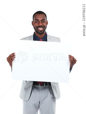 Portrait, businessman or mockup poster of marketing space, advertising paper or promotion mock up. Happy corporate worker, banner or blank billboard on isolated white background for about us branding 129706211