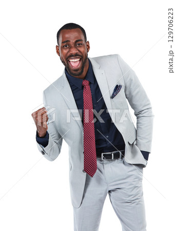Portrait, excited or businessman with success fist on isolated white background for promotion growth or victory. Smile, happy or corporate worker with winner hands gesture, wow face or yes on mock up 129706223
