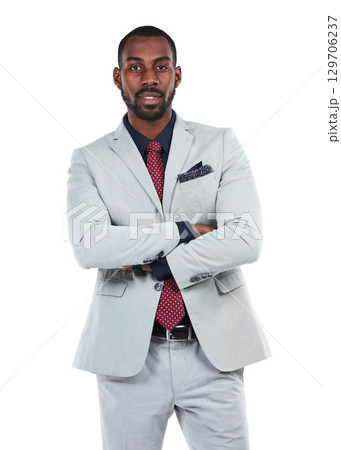 Businessman, success and CEO with portrait and executive, leadership and vision isolated on white background. Black man, black business and arms crossed with corporate boss, career goals with mindset 129706237