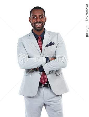 Business man, success and CEO smile in portrait, executive leadership and vision isolated on white background. Black man, black business and arms crossed, corporate boss with career goals mindset Business man, success and CEO smile in portrait, executive leadership and vision isolated on white background. Black man, black business and arms crossed, corporate boss with career goals mindset 129706238