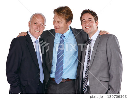 Businessman, group and studio embrace with smile, vision and collaboration by white background. Isolated corporate team, man and friends in company, teamwork and hug for success, goals and mission 129706368