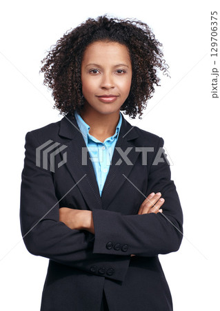 Black woman, business studio portrait and arms crossed, vision and suit by white background. Corporate leader woman, focus and proud with smile, strategy or mission for motivation, success and goals 129706375