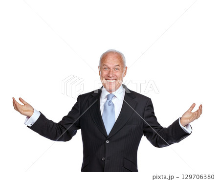 Senior businessman, raised hands and smile portrait for success, corporate goals and motivation isolated in white background. Elderly man, happy and excited with arms in air for ceo work celebration 129706380