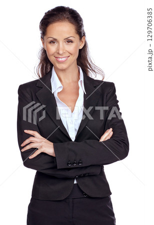 Woman, studio portrait and arms crossed with corporate goal, smile or happiness by white background. Isolated executive, business leader or happy for career, innovation or success with company vision 129706385