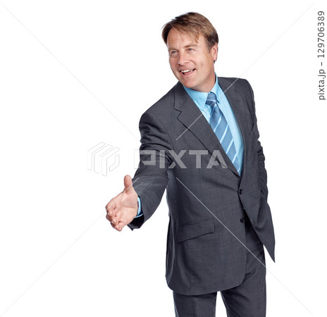 Businessman, handshake and suit with smile in studio for focus, deal and leadership by white background. Happy corporate leader, recruitment or isolated for shaking hands, welcome and company vision Businessman, handshake and suit with smile in studio for focus, deal and leadership by white background. Happy corporate leader, recruitment or isolated for shaking hands, welcome and company vision 129706389