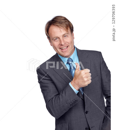 Studio portrait, businessman and thumbs up with suit, focus or smile in leadership by white background. Happy corporate leader, motivation and isolated for success, mission and professional vision Studio portrait, businessman and thumbs up with suit, focus or smile in leadership by white background. Happy corporate leader, motivation and isolated for success, mission and professional vision 129706393