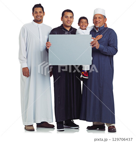 Muslim family, men portrait and poster space with a happy child and people together for Islam religion. Arab dad and males with banner sign for eid, charity and support isolated on a white background Muslim family, men portrait and poster space with a happy child and people together for Islam religion. Arab dad and males with banner sign for eid, charity and support isolated on a white background 129706437