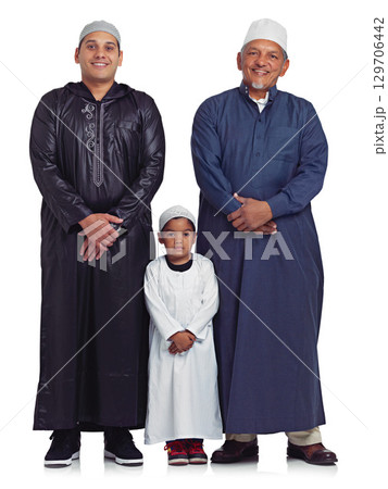 Muslim, family and portrait of men in studio for Islamic, prayer and bonding on white background. Islam, generation and mature man teaching prayer, worship and religion values while standing isolated Muslim, family and portrait of men in studio for Islamic, prayer and bonding on white background. Islam, generation and mature man teaching prayer, worship and religion values while standing isolated 129706442
