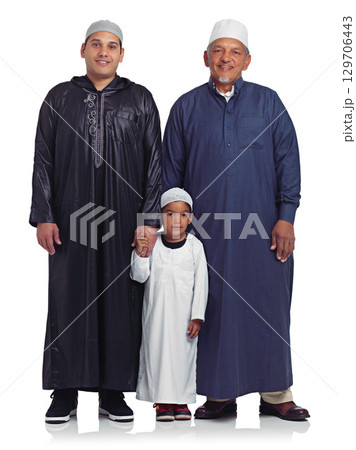 Family, portrait and muslim men in studio for family time, bonding and Islamic religion against white background. Islam, generation and mature man enjoying quality time, holy gathering and isolated Family, portrait and muslim men in studio for family time, bonding and Islamic religion against white background. Islam, generation and mature man enjoying quality time, holy gathering and isolated 129706443