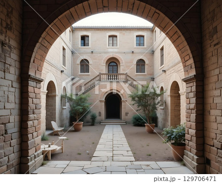 Historic Courtyard with Stone Architecture and Potted Green Plants in Outdoor Setting. 129706471