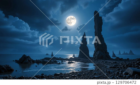 Moonlit Rocky Coastline Under a Starry Night Sky with Tall Rock Formations. 129706472