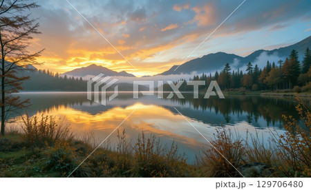 Majestic Lake Landscape With Vibrant Sunset and Reflective Tranquility. 129706480