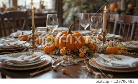 Elegant Autumn Table Decorated With Pumpkins, Flowers and Candles for Festive Dining. 129706483