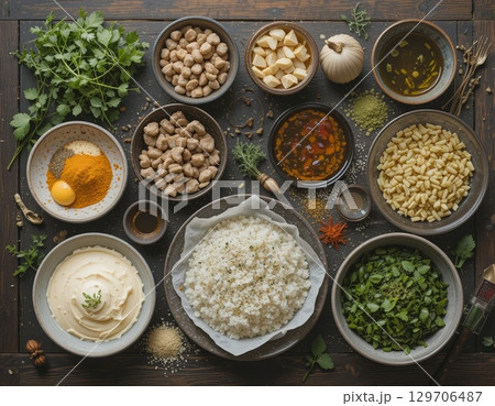 Assorted Ingredients for a Homemade Dish Featuring Grains, Spices, and Herbs. 129706487