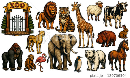 レトロ調動物園にいる動物たちイラスト素材セットヴィンテージ風 レトロ調動物園にいる動物たちイラスト素材セットヴィンテージ風 129706504