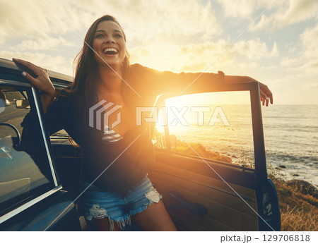 Happy, car and woman on a road trip at the beach for summer, freedom and travel in Spain. Smile, adventure and girl driving on holiday at the ocean for happiness, content and peace with transport Happy, car and woman on a road trip at the beach for summer, freedom and travel in Spain. Smile, adventure and girl driving on holiday at the ocean for happiness, content and peace with transport 129706818