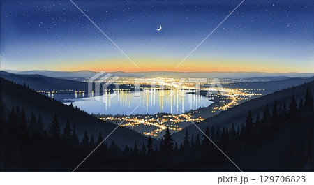 山頂から望む湖と街明かりの夜景 129706823