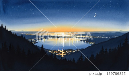 山頂から望む湖と街明かりの夜景 129706825
