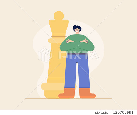 Flat style cartoon character with chess pieces. Business strategy concept. Vector flat cartoon style. 129706991
