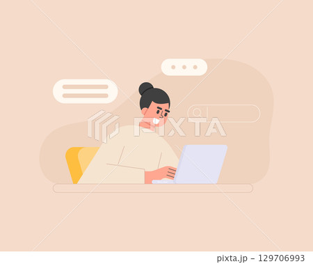Flat style illustration of a woman using a laptop to search for information. Search concept. Vector flat cartoon style. 129706993