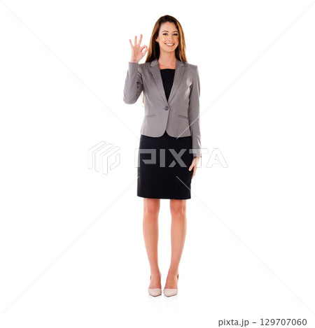 Business woman, OK and agreement in portrait with yes hand gesture, motivation isolated on white background. Corporate, career and success with vision, mindset and smile in positive feedback mockup Business woman, OK and agreement in portrait with yes hand gesture, motivation isolated on white background. Corporate, career and success with vision, mindset and smile in positive feedback mockup 129707060