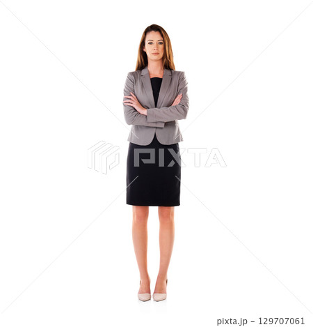 Expert, corporate and portrait of a woman with arms crossed isolated on a white background. Professional, business and serious employee with arms folded as an executive on a studio background 129707061