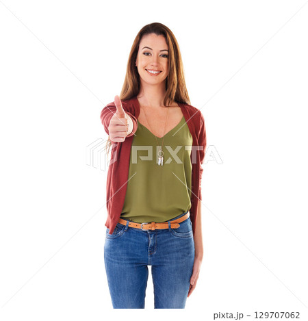 Thumbs up, winning and portrait of a woman with a thank you isolated on a white background. Motivation, success and girl with a hand sign for agreement, goal and achievement on a studio background Thumbs up, winning and portrait of a woman with a thank you isolated on a white background. Motivation, success and girl with a hand sign for agreement, goal and achievement on a studio background 129707062