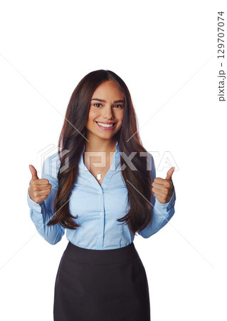 Business woman, smile and thumbs up for discount, deal or winning against white studio background. Portrait of a isolated happy female employee model standing with thumbsup for good job, done or sale 129707074