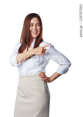 Business woman, studio and pointing for marketing, promotion or advertising on mockup space. Corporate employee or professional worker with hand sign, show advertising isolated on white background Business woman, studio and pointing for marketing, promotion or advertising on mockup space. Corporate employee or professional worker with hand sign, show advertising isolated on white background 129707081