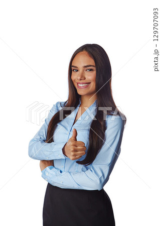 Thumbs up, business woman and portrait of a model with winner, thank you and success hand sign. White background, happy employee and isolated female entrepreneur worker smile with vertical mockup 129707093